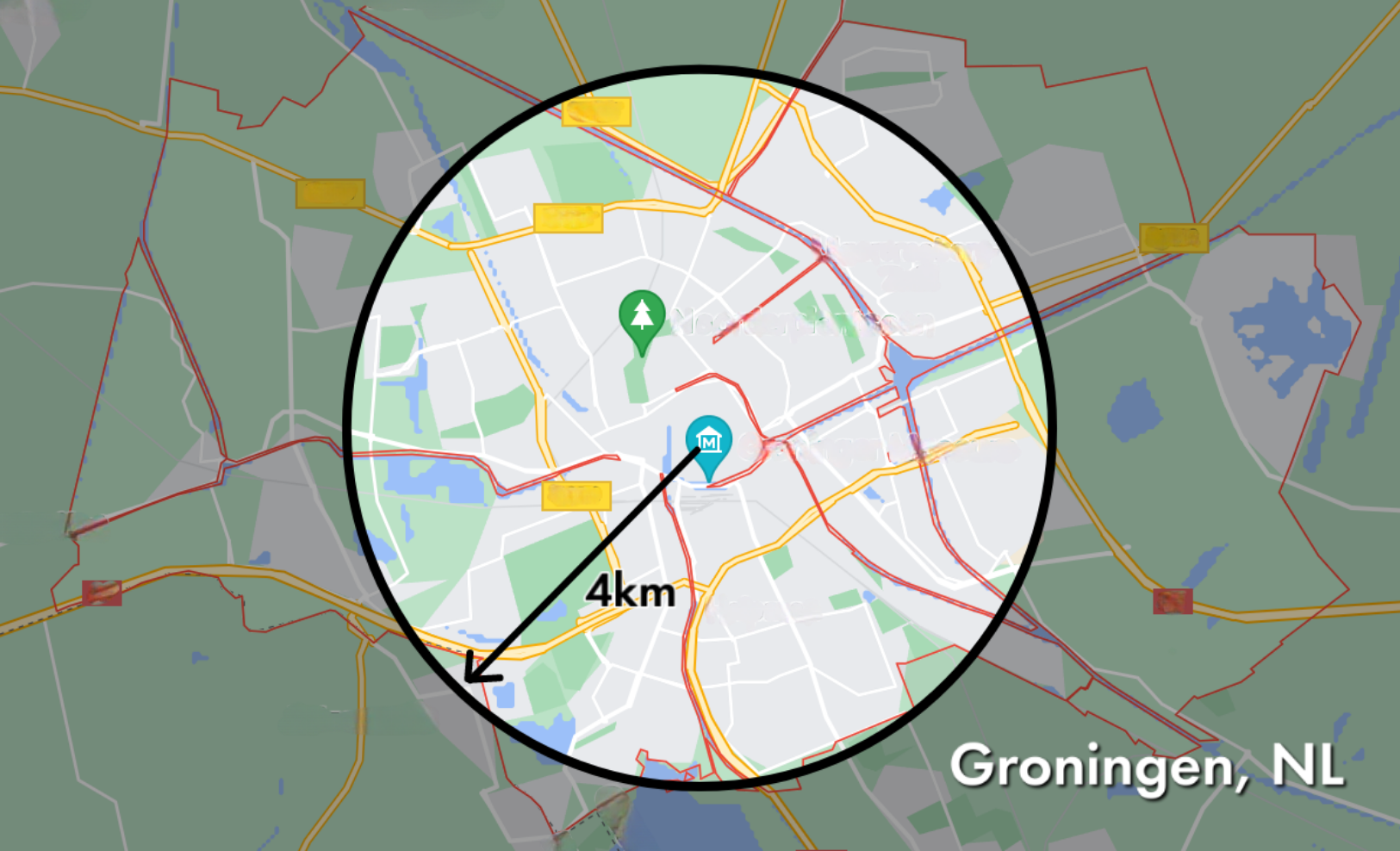 Map of Groningen, radius is 4km