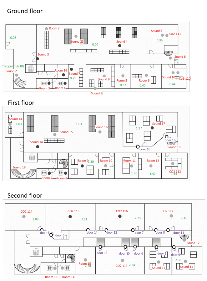 Building floor plan with sensors located